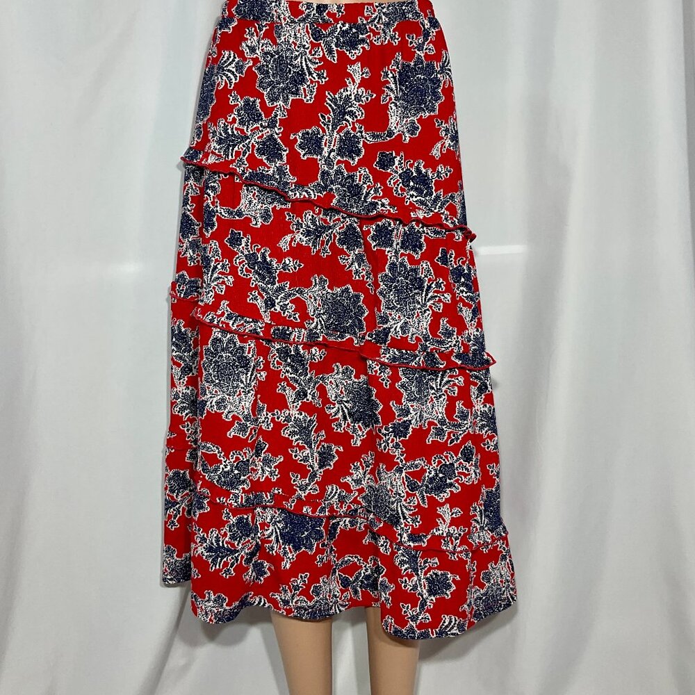 Cato Size Large Tiered Ruffled Midi Floral Red with Blue Skirt Womens